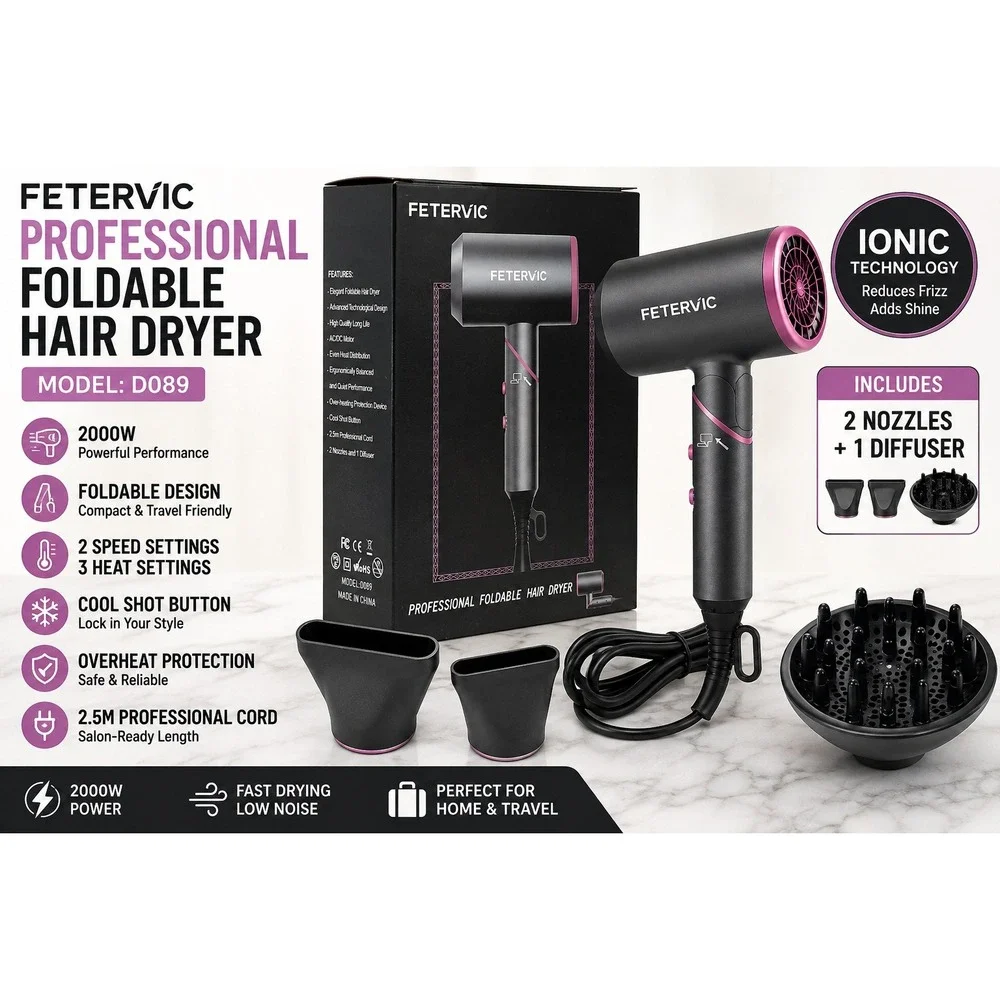FETERVIC Professional Foldable Hair Dryer 2000W Ionic Blow Dryer D089 Black Pink